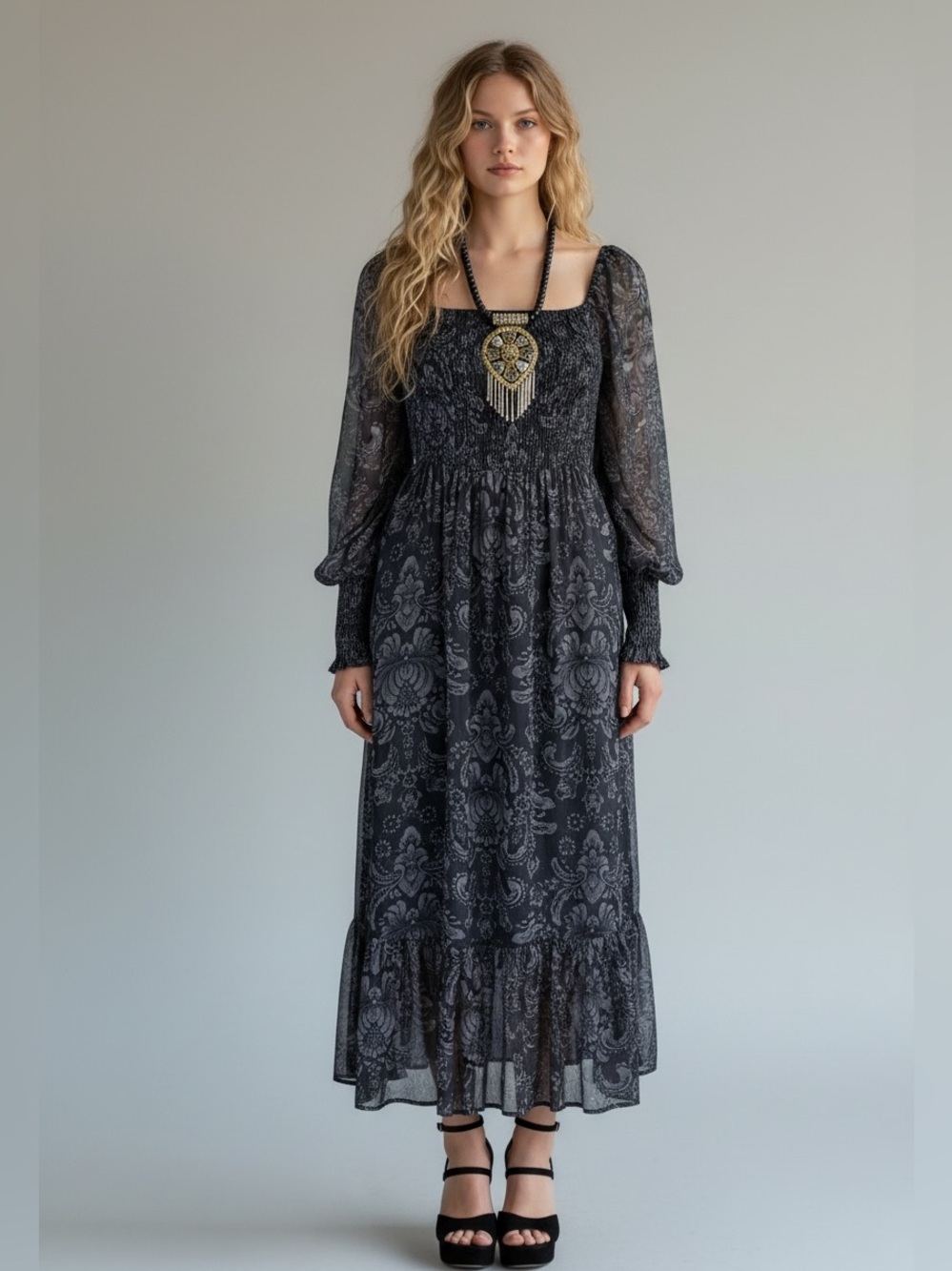 Betsey Johnson Black & Grey Paisley Boho Dark Romantic Goth Dress | S